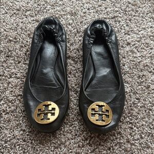 Tory Burch Black Flats with Gold Logo